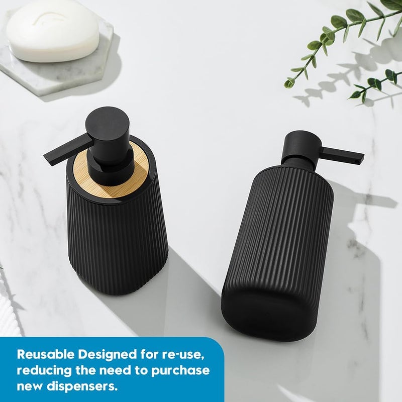 YAUKPH Small Soap Dispenser for Bathroom and Kitchen, Modern Farmhouse Striped Style Plastic Hand Soap Dish Soap Dispenser with Bamboo Decor Black - Image 5